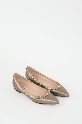 Valentino Gold Leather Rockstud Ballet Flat