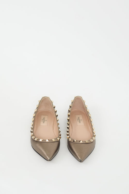 Valentino Gold Leather Rockstud Ballet Flat