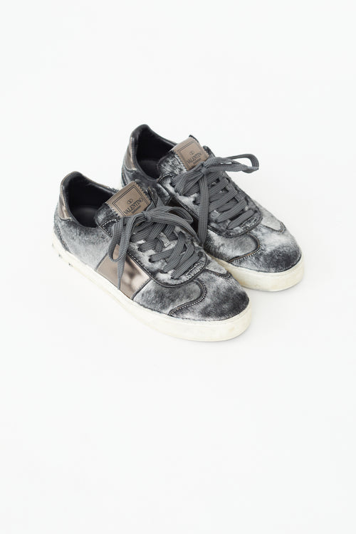 Valentino Grey Textured Flycrew Rockstud Sneaker