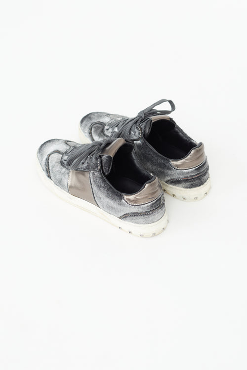 Valentino Grey Textured Flycrew Rockstud Sneaker