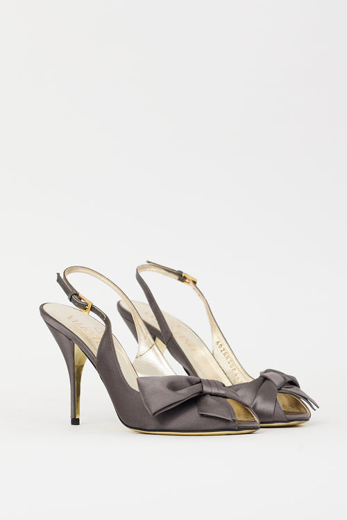 Valentino Grey Satin Bow Peep Toe Slingback Pump