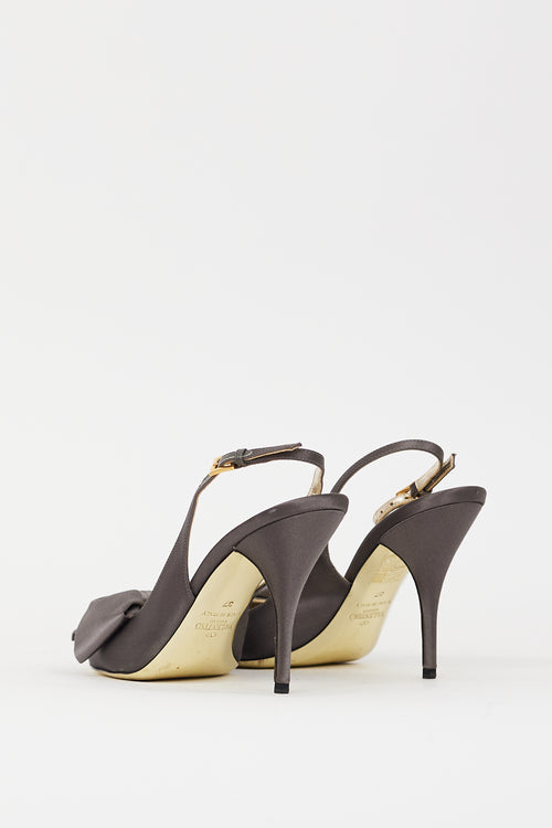 Valentino Grey Satin Bow Peep Toe Slingback Pump