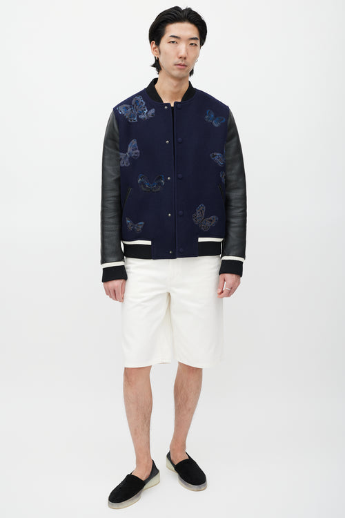 Valentino Navy 
Black Wool Embroidered Varsity Jacket