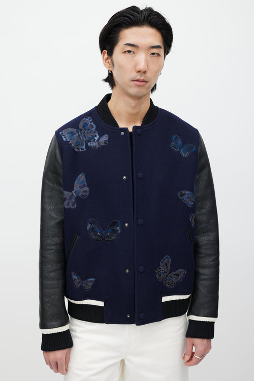 Valentino Navy 
Black Wool Embroidered Varsity Jacket