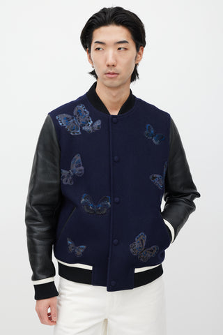 Valentino Navy 
Black Wool Embroidered Varsity Jacket