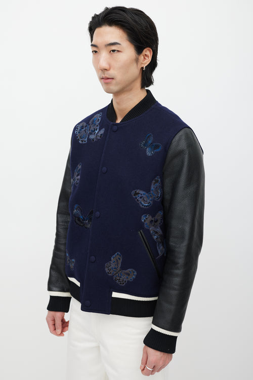 Valentino Navy 
Black Wool Embroidered Varsity Jacket