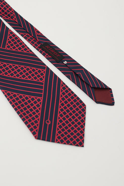 Valentino Navy 
Red Striped Grid Tie