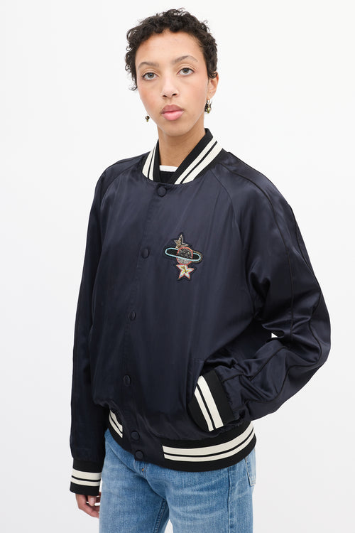 Valentino Navy Satin Embellished Bomber Jacket