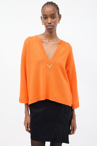 Valentino Orange Cashmere VGold Logo V-Neck Sweater