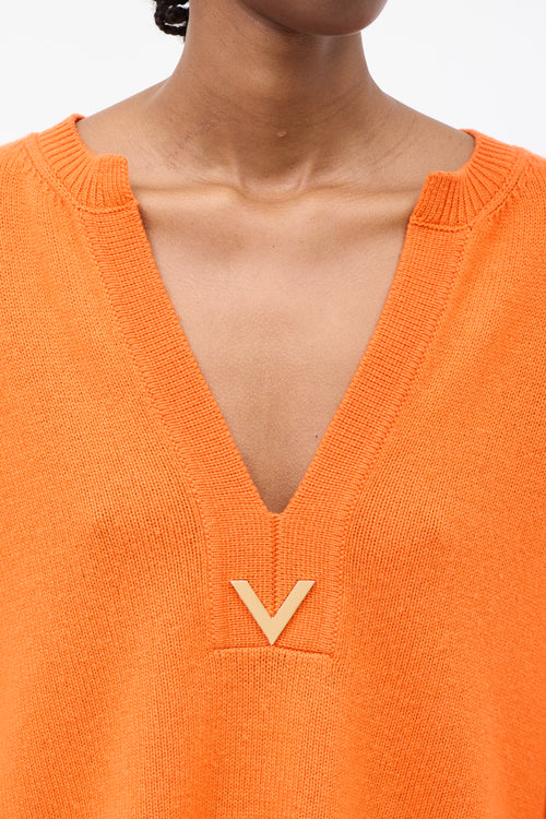 Valentino Orange Cashmere VGold Logo V-Neck Sweater