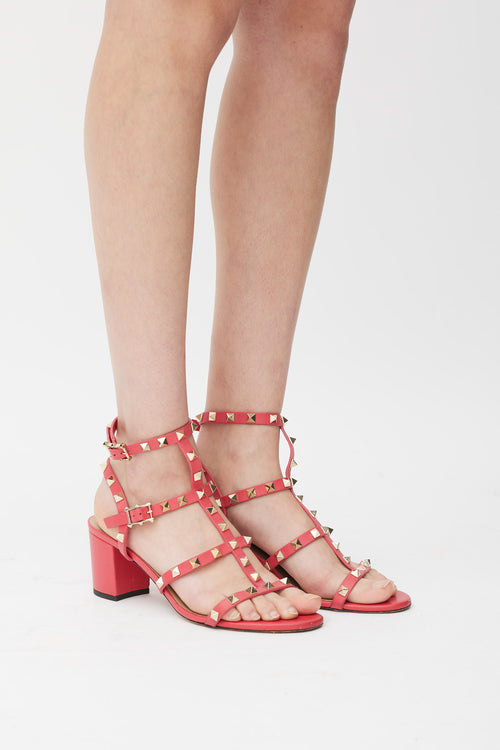 Valentino Pink 
Gold Leather Rockstud Caged Sandal