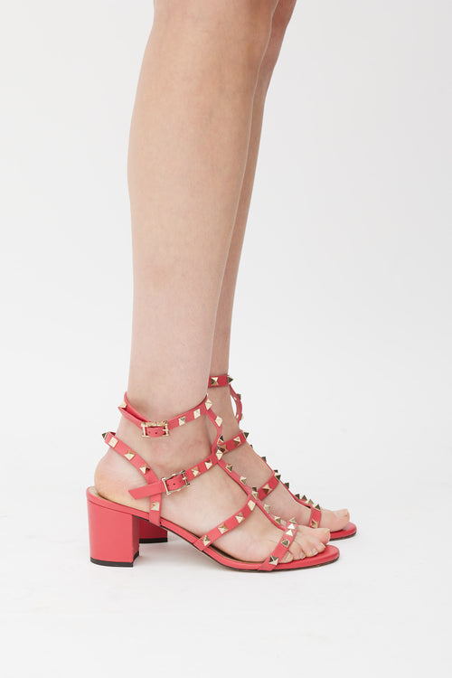 Valentino Pink 
Gold Leather Rockstud Caged Sandal