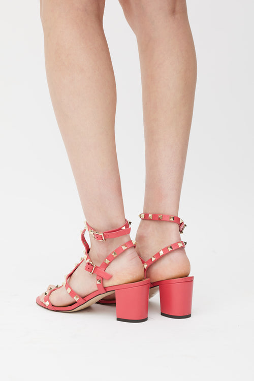 Valentino Pink 
Gold Leather Rockstud Caged Sandal