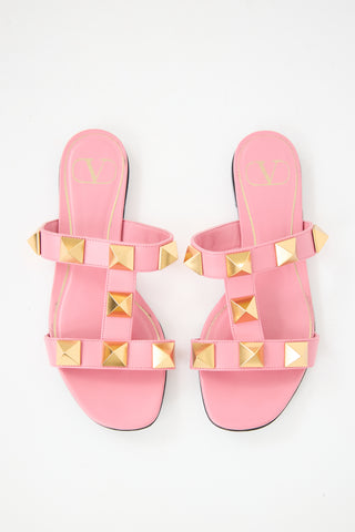 Valentino Pink Leather Roman Stud Slide