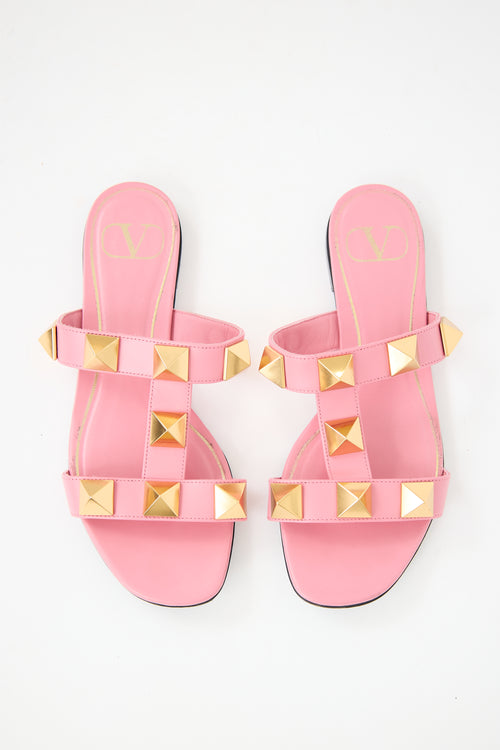 Valentino Pink Leather Roman Stud Slide