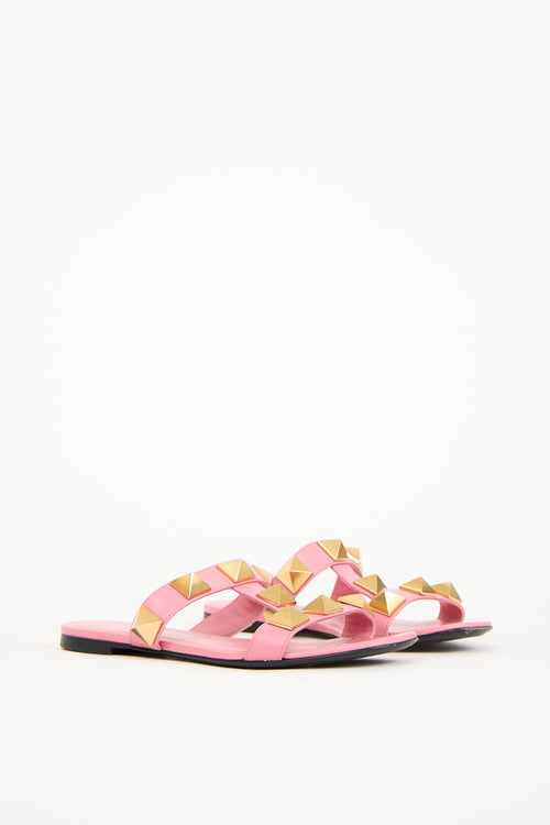 Valentino Pink Leather Roman Stud Slide