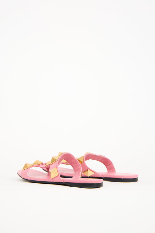 Valentino Pink Leather Roman Stud Slide