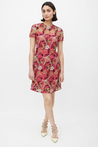 Valentino Pink 
Multicolour Floral Lace Overlay Sheath Dress