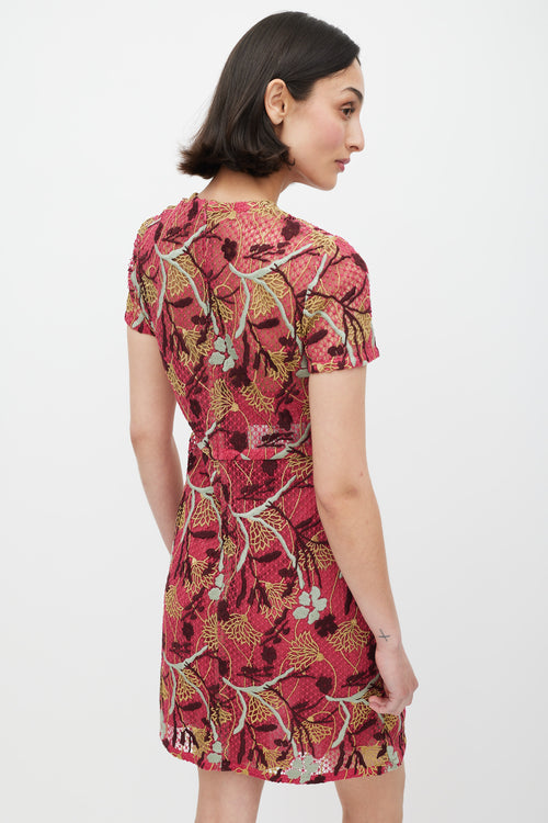 Valentino Pink 
Multicolour Floral Lace Overlay Sheath Dress