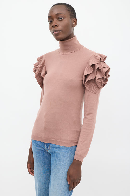 Valentino Pink Wool Ruffled Shoulder Turtleneck Top