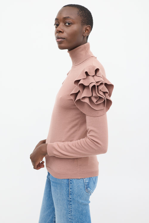 Valentino Pink Wool Ruffled Shoulder Turtleneck Top