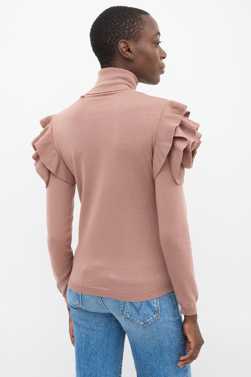 Valentino Pink Wool Ruffled Shoulder Turtleneck Top