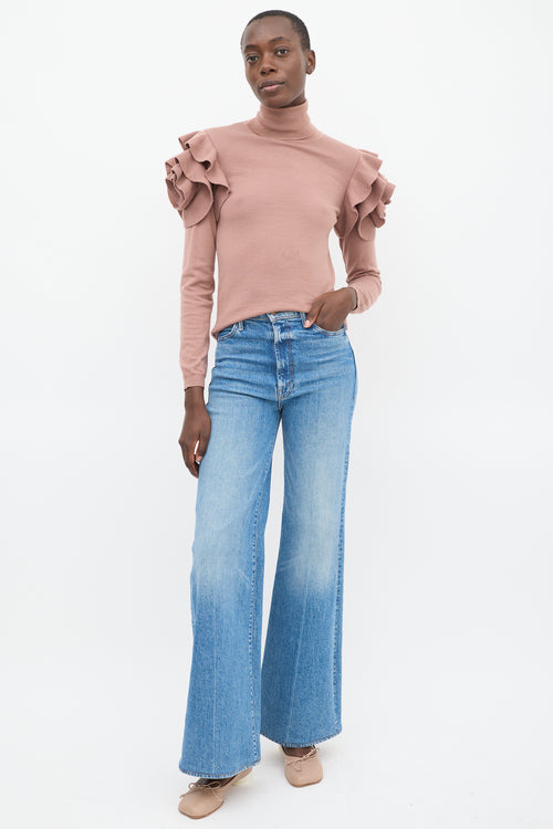 Valentino Pink Wool Ruffled Shoulder Turtleneck Top