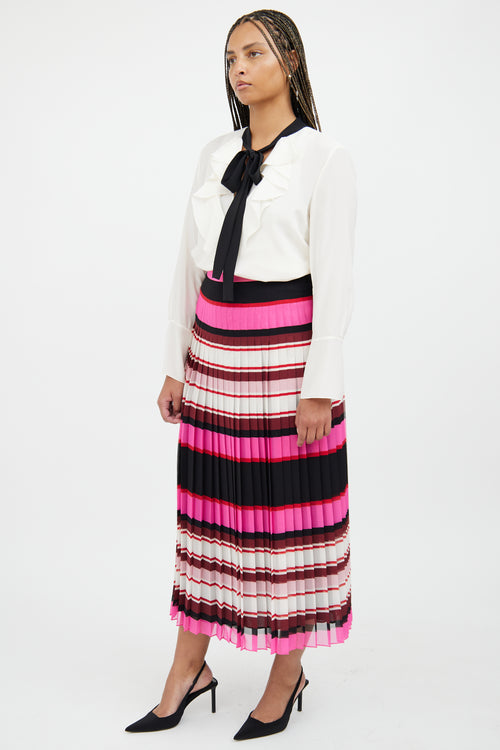 Valentino Pink 
Black Pleat Stripe Silk Skirt