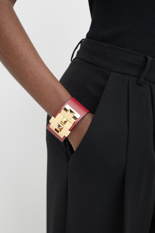 Valentino Red 
Gold Leather Rockstud Leather Bracelet