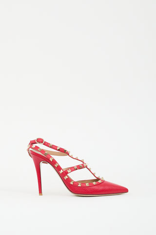 Valentino Red Pebbled Leather Rockstud Caged Pump