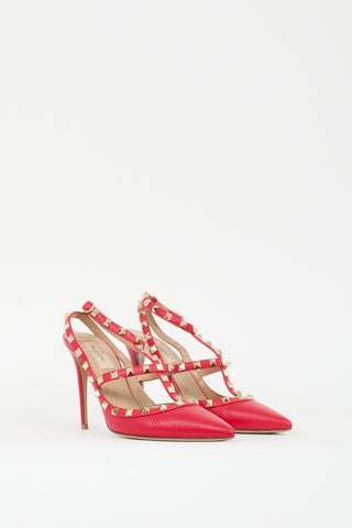 Valentino Red Pebbled Leather Rockstud Caged Pump