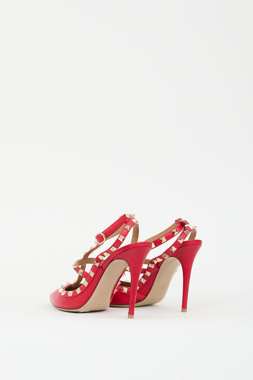 Valentino Red Pebbled Leather Rockstud Caged Pump