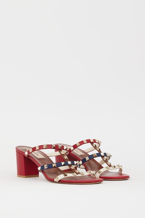 Valentino Red 
Leather Multi Leather Caged Rockstud Sandal