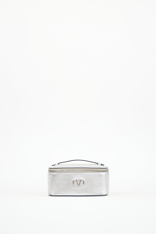 Valentino Silver Metallic Leather VLogo Signature Wash Bag