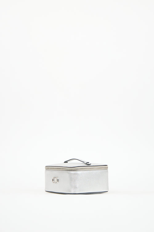 Valentino Silver Metallic Leather VLogo Signature Wash Bag