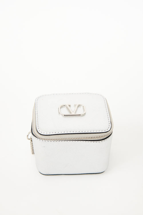 Valentino Silver Metallic Leather VLogo Signature Wash Bag