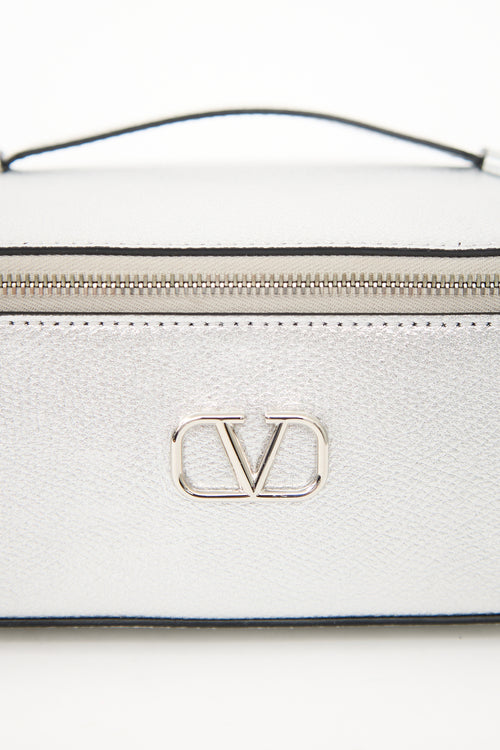 Valentino Silver Metallic Leather VLogo Signature Wash Bag