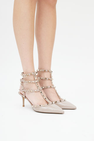 Valentino Taupe Patent Rockstud Caged 65mm Pump