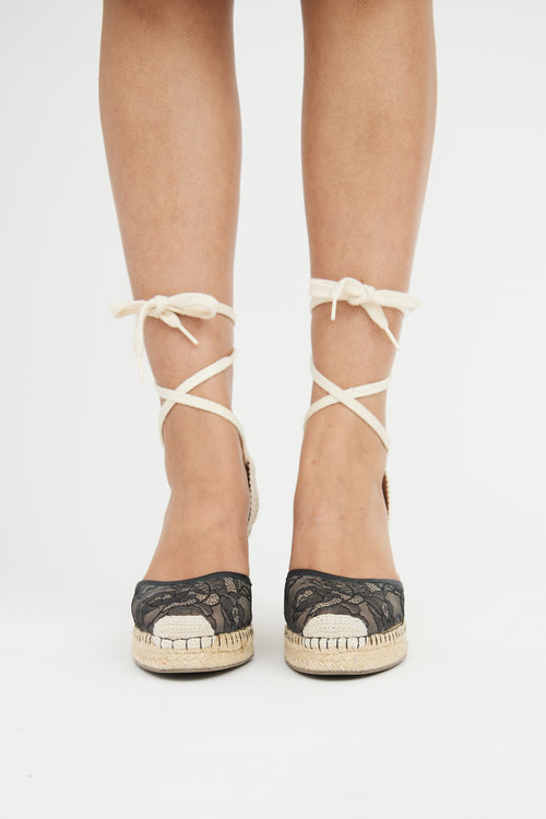 Valentino Black 
Beige Lace Espadrille Wedge