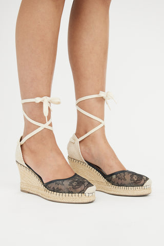 Valentino Black 
Beige Lace Espadrille Wedge