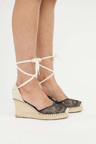 Valentino Black 
Beige Lace Espadrille Wedge