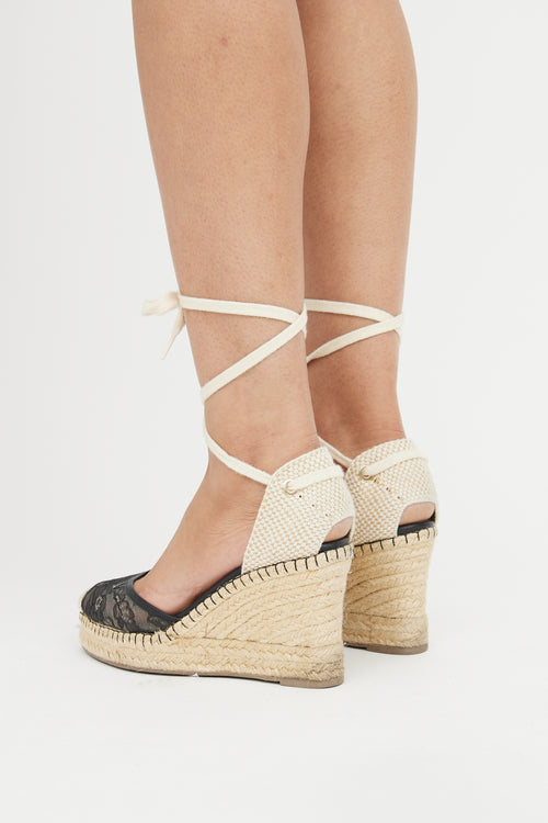 Valentino Black 
Beige Lace Espadrille Wedge