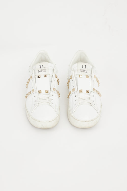 Valentino White 
Gold Leather Untitled Rockstud Sneaker