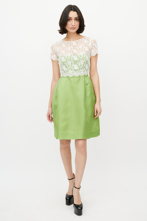 Valentino White Lace 
Green Silk Dress