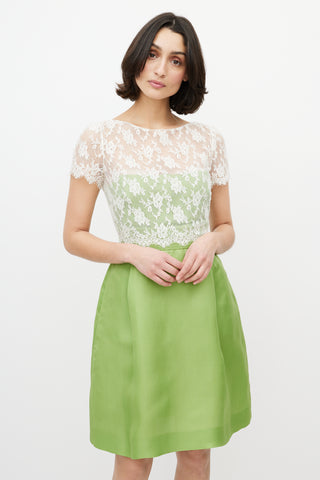 Valentino White Lace 
Green Silk Dress