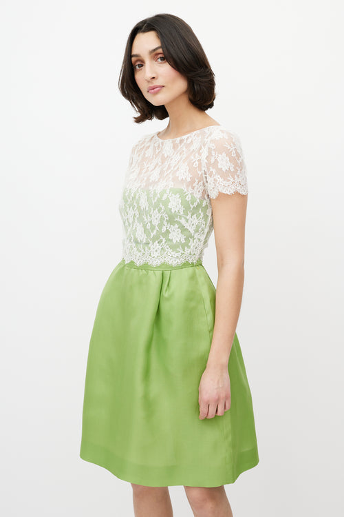 Valentino White Lace 
Green Silk Dress