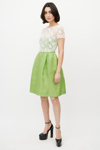 Valentino White Lace 
Green Silk Dress