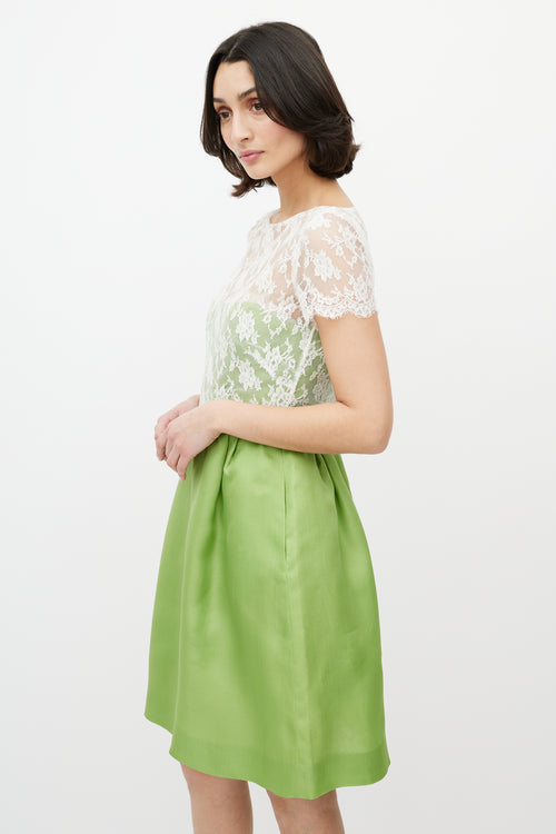 Valentino White Lace 
Green Silk Dress