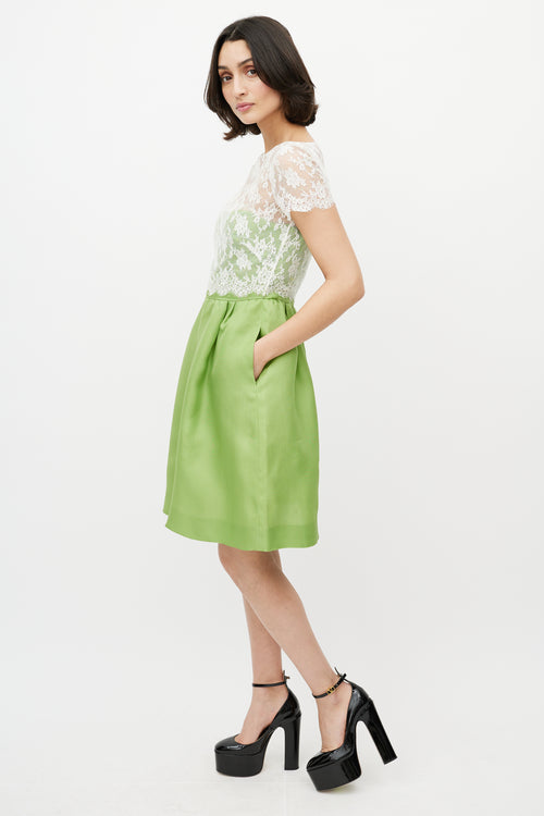 Valentino White Lace 
Green Silk Dress