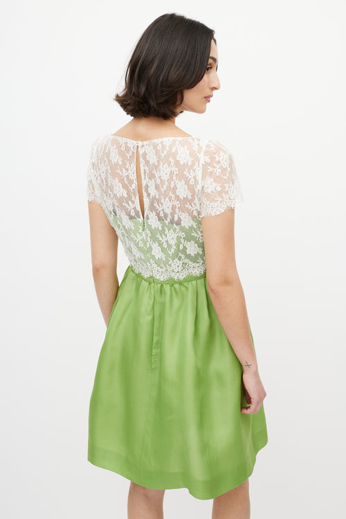 Valentino White Lace 
Green Silk Dress